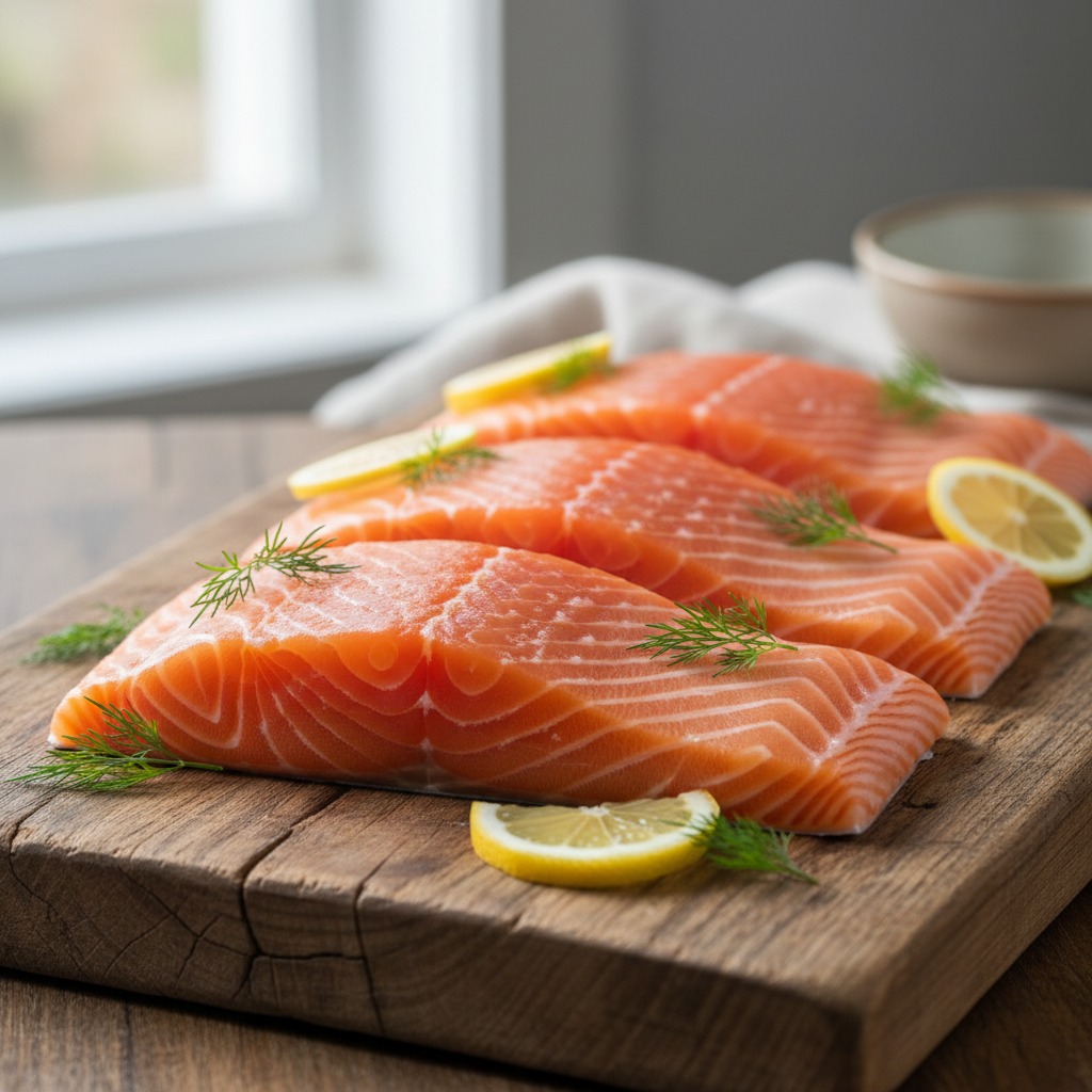 Tres filetes de salmón crudo decorados con rodajas de limón y eneldo fresco sobre una tabla de madera.